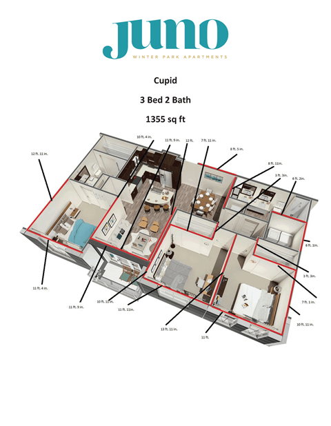 Floor plan for 3 beds, 2 baths, 1355 sqft