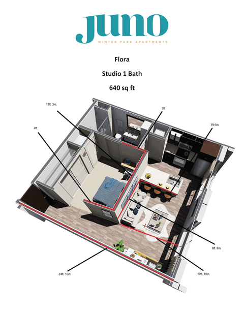 Floor plan for studio, 1 bath, 640 sqft