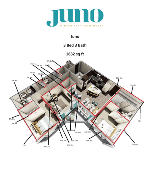 Floor plan for 3 beds, 3 baths, 1632 sqft