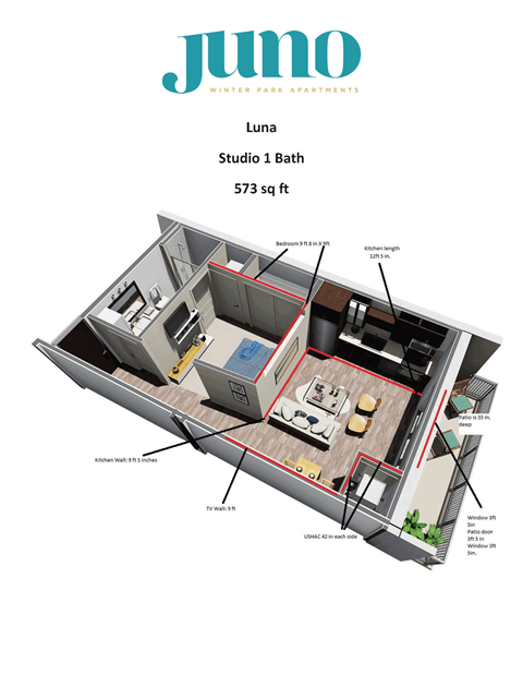 Floor plan for studio, 1 bath, 573 sqft