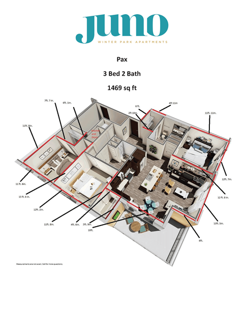 Floor plan for 3 beds, 2 baths, 1469 sqft