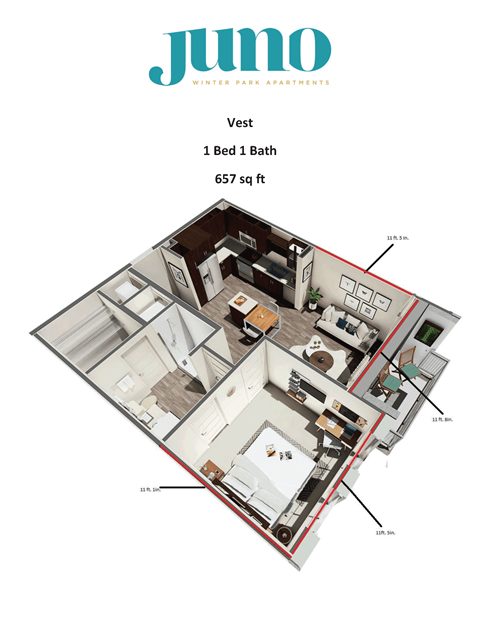 Floor plan for 1 bed, 1 bath, 657 sqft