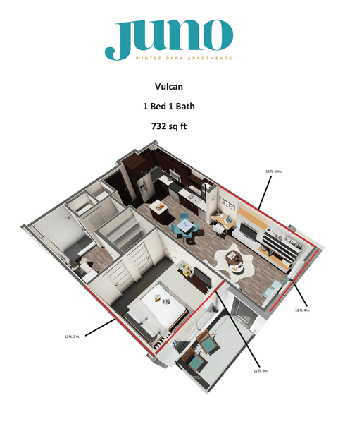 Floor plan for 1 bed, 1 bath, 732 sqft