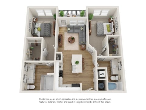 Floor plan for 2 beds, 2 baths, 1073 sqft