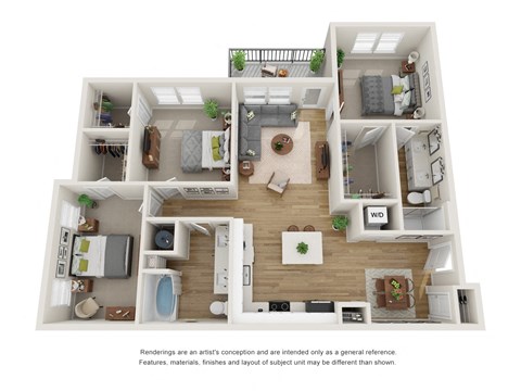 Floor plan for 3 beds, 2 baths, 1385 sqft
