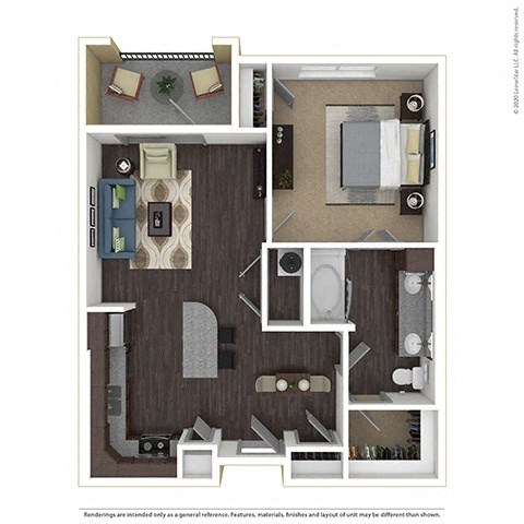 Floor plan for 1 bed, 1 bath, 735 sqft