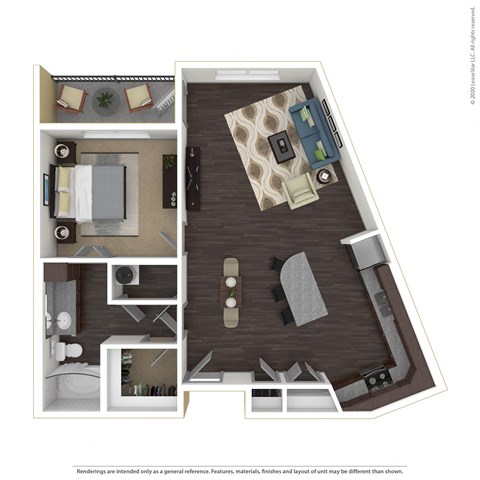 Floor plan for 1 bed, 1 bath, 851 sqft