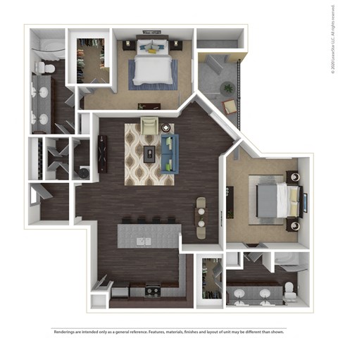 Floor plan for 2 beds, 2 baths, 1303 sqft