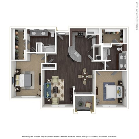 Floor plan for 2 beds, 2 baths, 1307 sqft