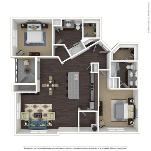 Floor plan for 2 beds, 2 baths, 1373 sqft