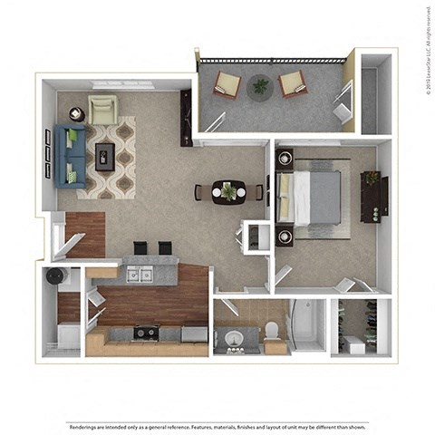 Floor plan for 1 bed, 1 bath, 734 sqft