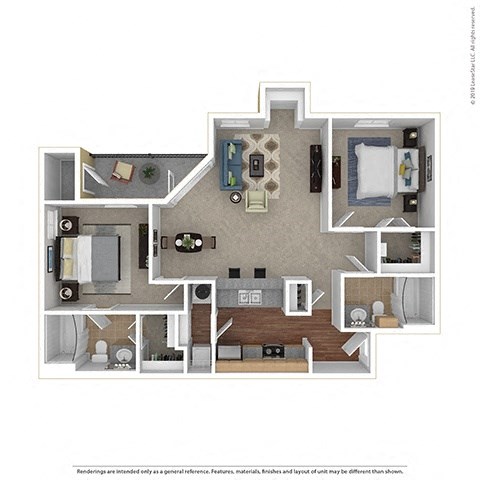 Floor plan for 2 beds, 2 baths, 957 sqft