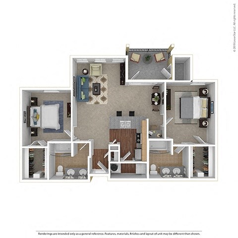 Floor plan for 2 beds, 2 baths, 1038 sqft