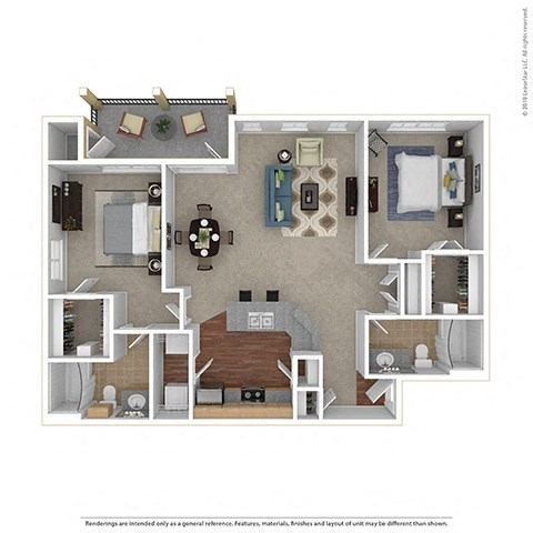 Floor plan for 2 beds, 2 baths, 1136 sqft