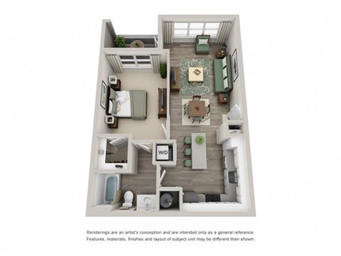 Floor plan for 1 bed, 1 bath, 741 sqft