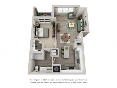Floor plan for 1 bed, 1 bath, 785 sqft