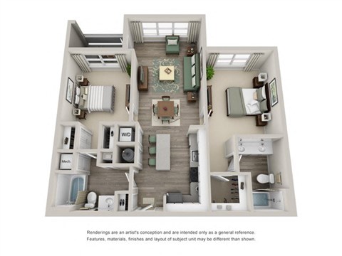 Floor plan for 2 beds, 2 baths, 1064 sqft