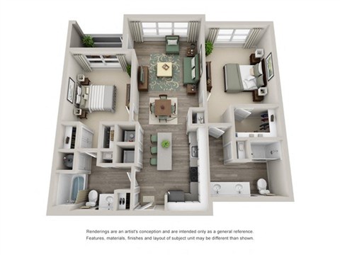 Floor plan for 2 beds, 2 baths, 1099 sqft