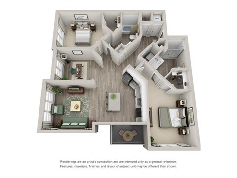 Floor plan for 2 beds, 2 baths, 1256 sqft