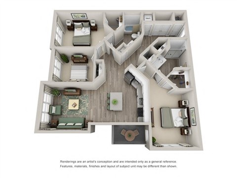 Floor plan for 3 beds, 2 baths, 1405 sqft