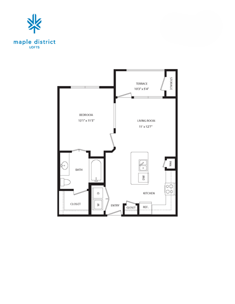 Floor plan for 1 bed, 1 bath, 650 sqft