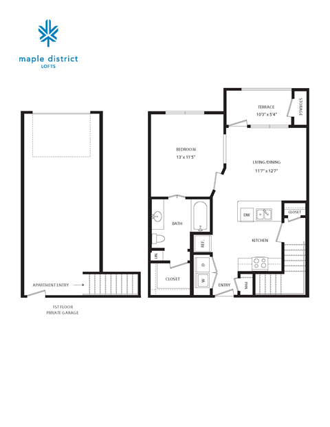 Floor plan for 1 bed, 1 bath, 698 sqft