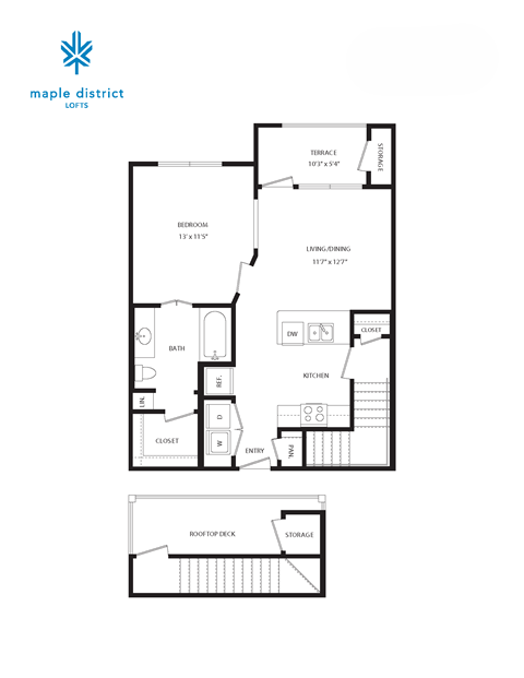 Floor plan for 1 bed, 1 bath, 698 sqft