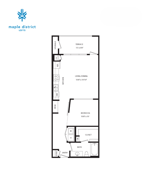 Floor plan for 1 bed, 1 bath, 711 sqft