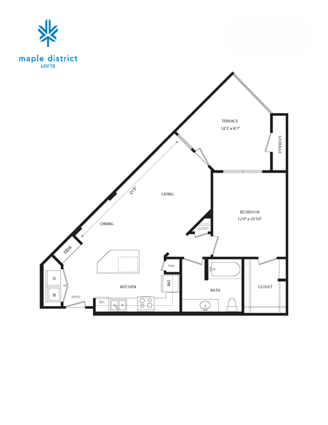 Floor plan for 1 bed, 1 bath, 750 sqft