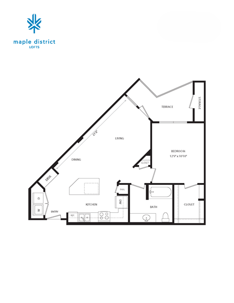 Floor plan for 1 bed, 1 bath, 757 sqft