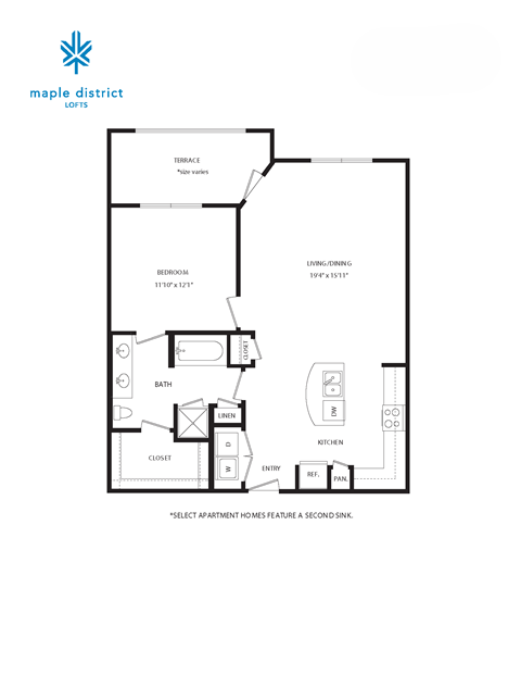 Floor plan for 1 bed, 1 bath, 866 sqft