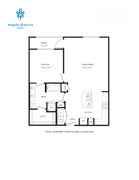 Floor plan for 1 bed, 1 bath, 874 sqft