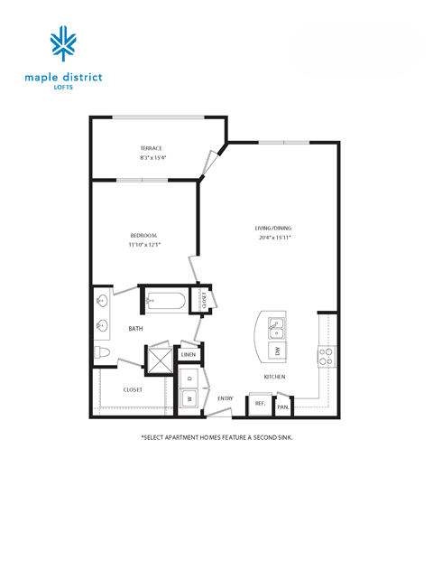 Floor plan for 1 bed, 1 bath, 879 sqft