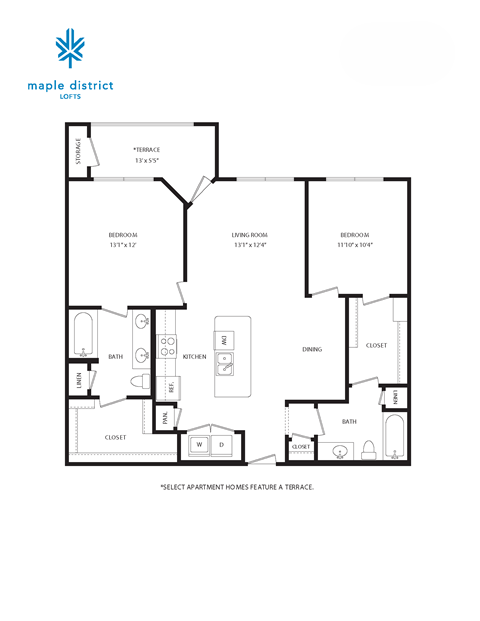 Floor plan for 2 beds, 2 baths, 1073 sqft