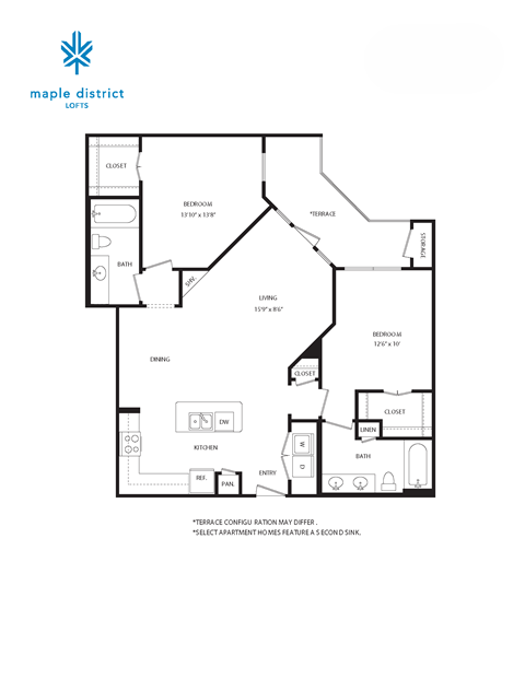 Floor plan for 2 beds, 2 baths, 1137 sqft