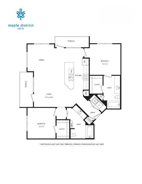Floor plan for 2 beds, 2 baths, 1219 sqft