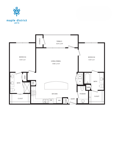 Floor plan for 2 beds, 2.5 baths, 1259 sqft
