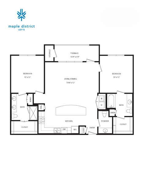 Floor plan for 2 beds, 2.5 baths, 1282 sqft