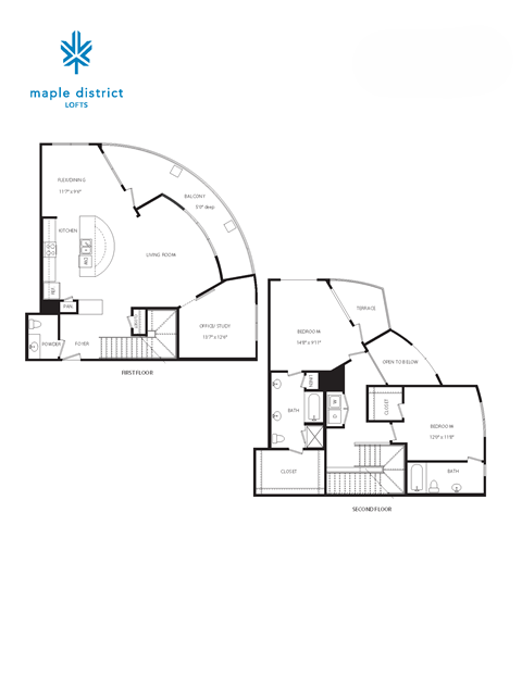 Floor plan for 2 beds, 2.5 baths, 1869 sqft