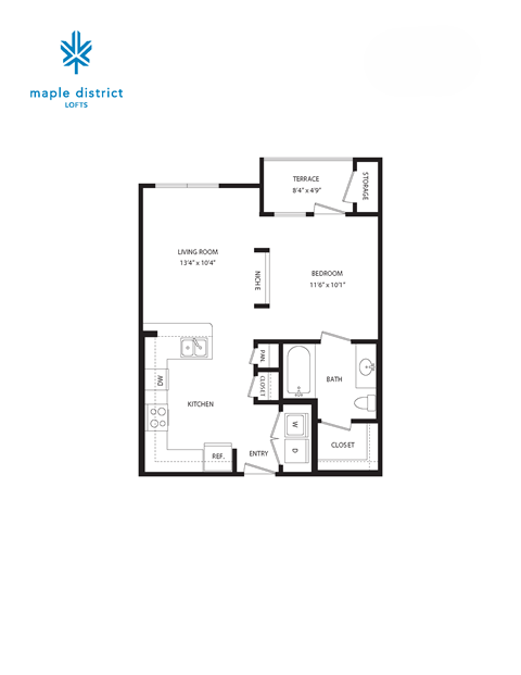 Floor plan for studio, 1 bath, 580 sqft