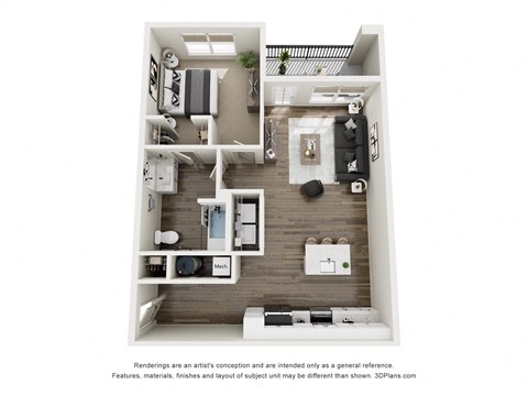 Floor plan for 1 bed, 1 bath, 862 sqft
