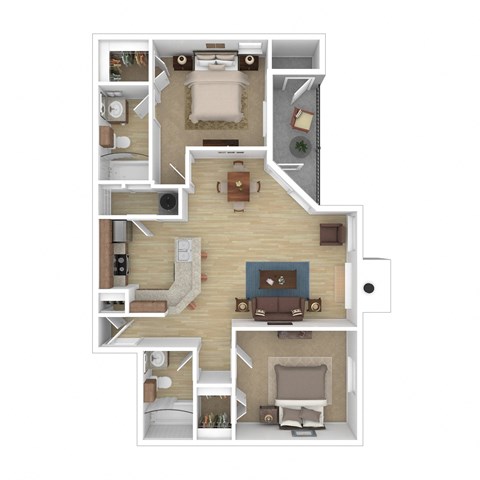 Floor plan for 2 beds, 2 baths, 929 sqft