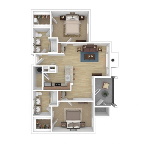 Floor plan for 2 beds, 2 baths, 1039 sqft