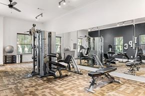Denton apartment for rent - A gym with a variety of equipment including a leg press machine, a bench press, and a squat rack.