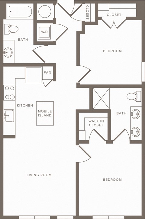 Floor plan for 2 beds, 2 baths, 950 sqft