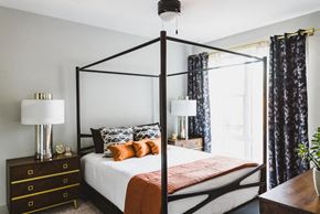 Atlanta apartment for rent - a bedroom with a canopy bed and black and white curtains