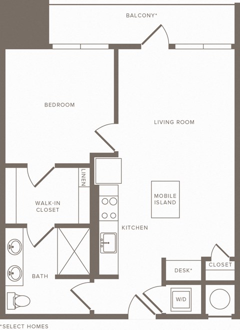 Floor plan for 1 bed, 1 bath, 775 sqft