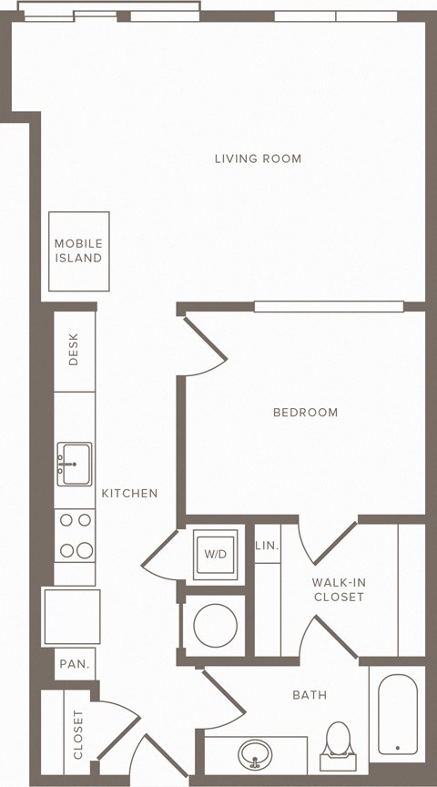 Floor plan for 1 bed, 1 bath, 741 sqft