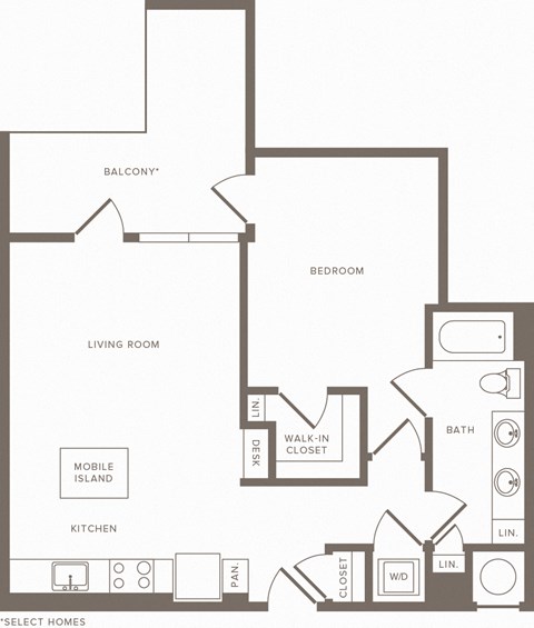 Floor plan for 1 bed, 1 bath, 742 sqft