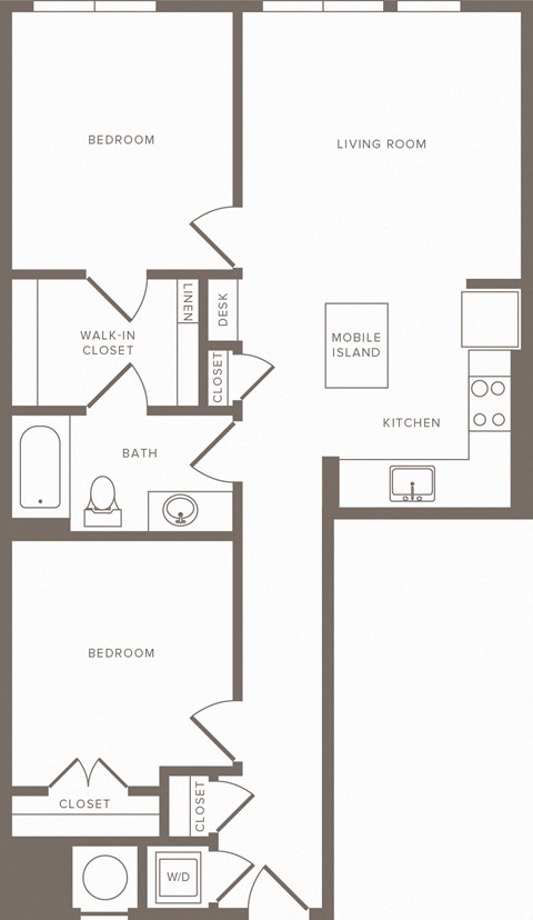 Floor plan for 2 beds, 1 bath, 913 sqft
